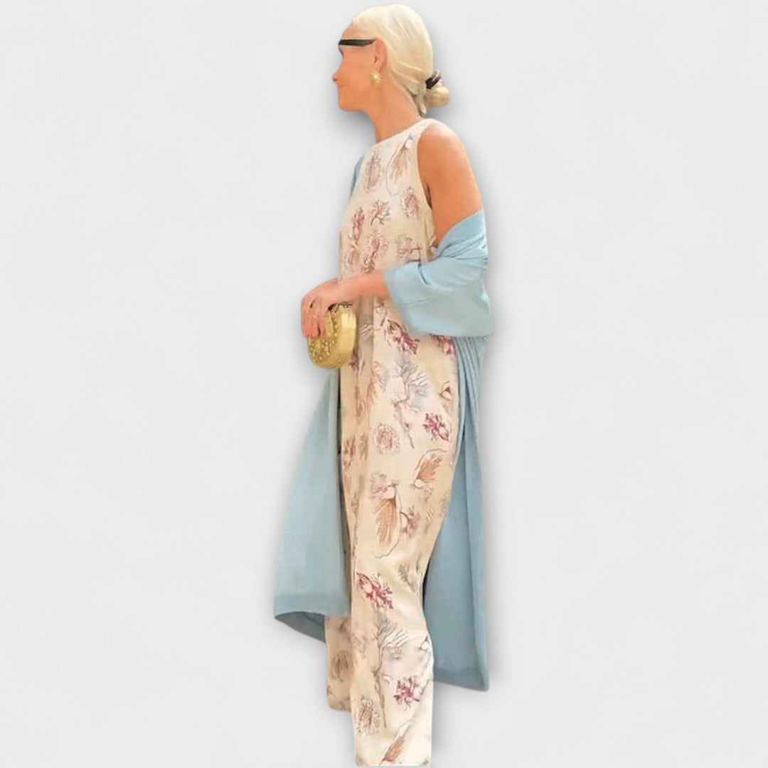 Elveria - Beiges Maxikleid mit passendem Cardigan
