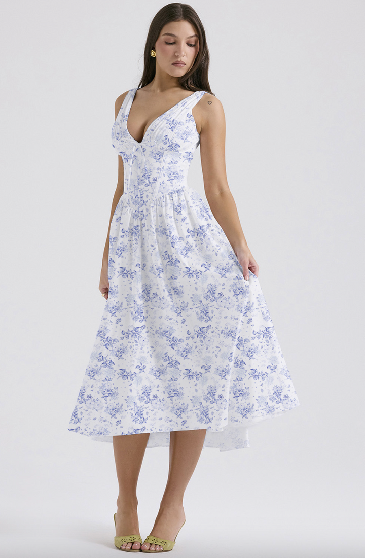 Saffron | Geblümtes Damen-Midikleid in A-Linie mit V-Ausschnitt für Hochzeitsgäste