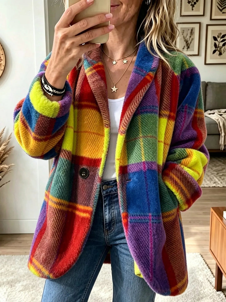 Rhonwen | Karierter langer Cardigan-Blazer mit Knopfleiste für Damen