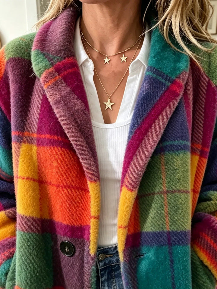 Rhonwen | Karierter langer Cardigan-Blazer mit Knopfleiste für Damen
