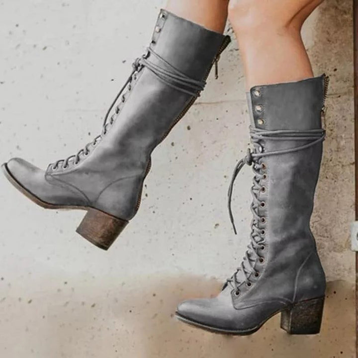 Ursula | Kniehohe Combat-Schnürstiefel mit Blockabsatz und Strickkragen für Damen
