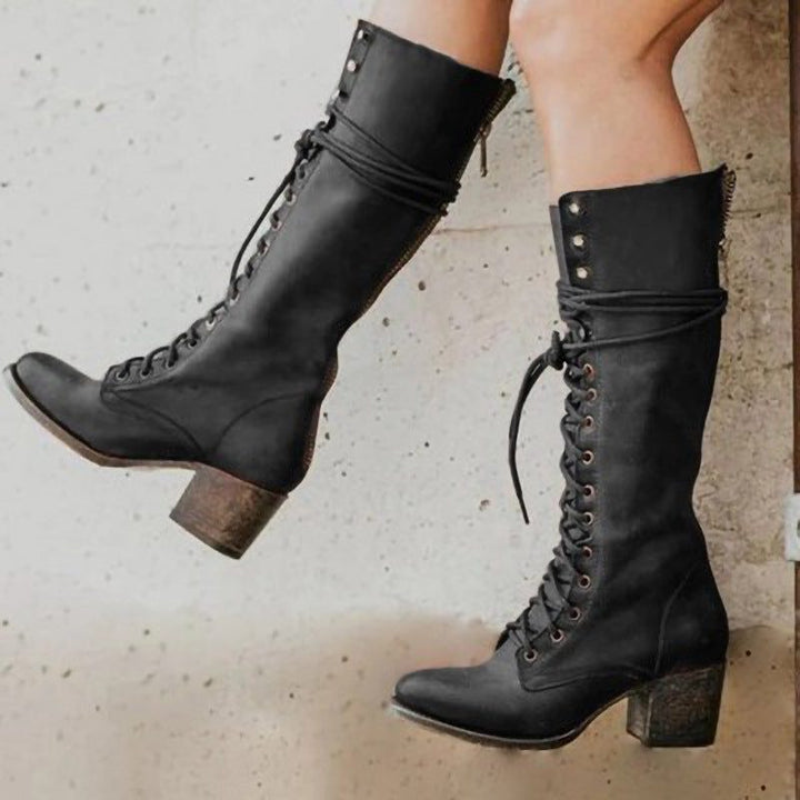 Ursula | Kniehohe Combat-Schnürstiefel mit Blockabsatz und Strickkragen für Damen