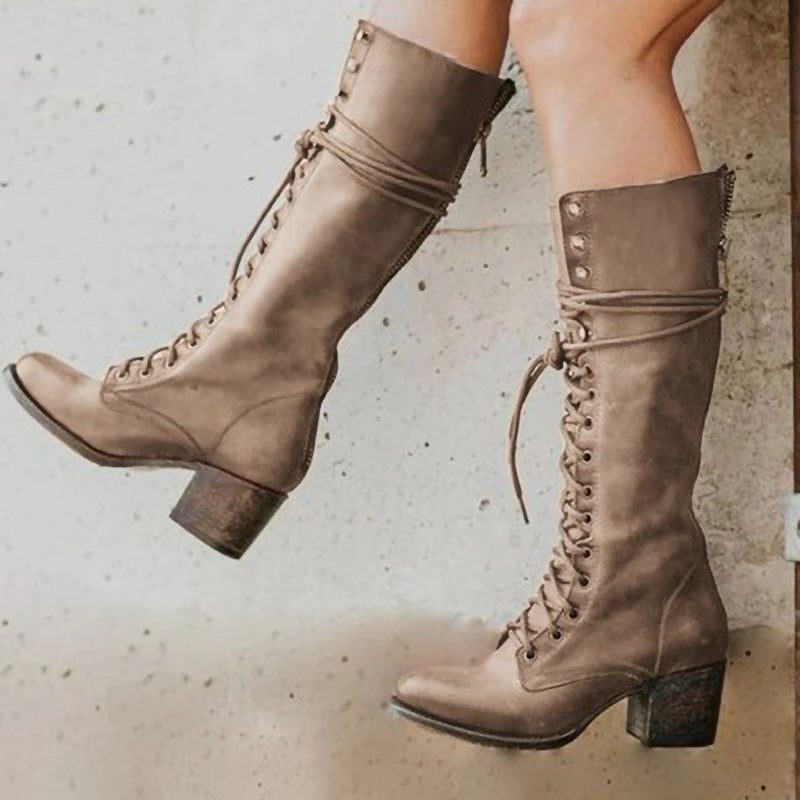 Ursula | Kniehohe Combat-Schnürstiefel mit Blockabsatz und Strickkragen für Damen
