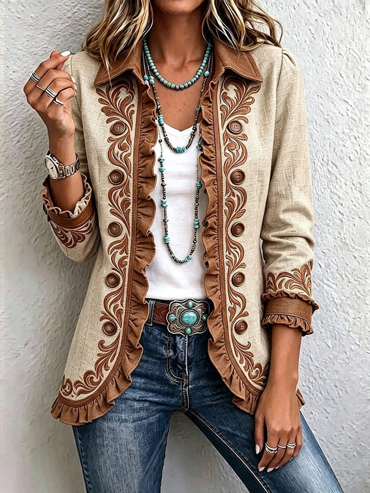 Veronique | Bestickter Blazer mit Rüschen und langen Ärmeln für Damen