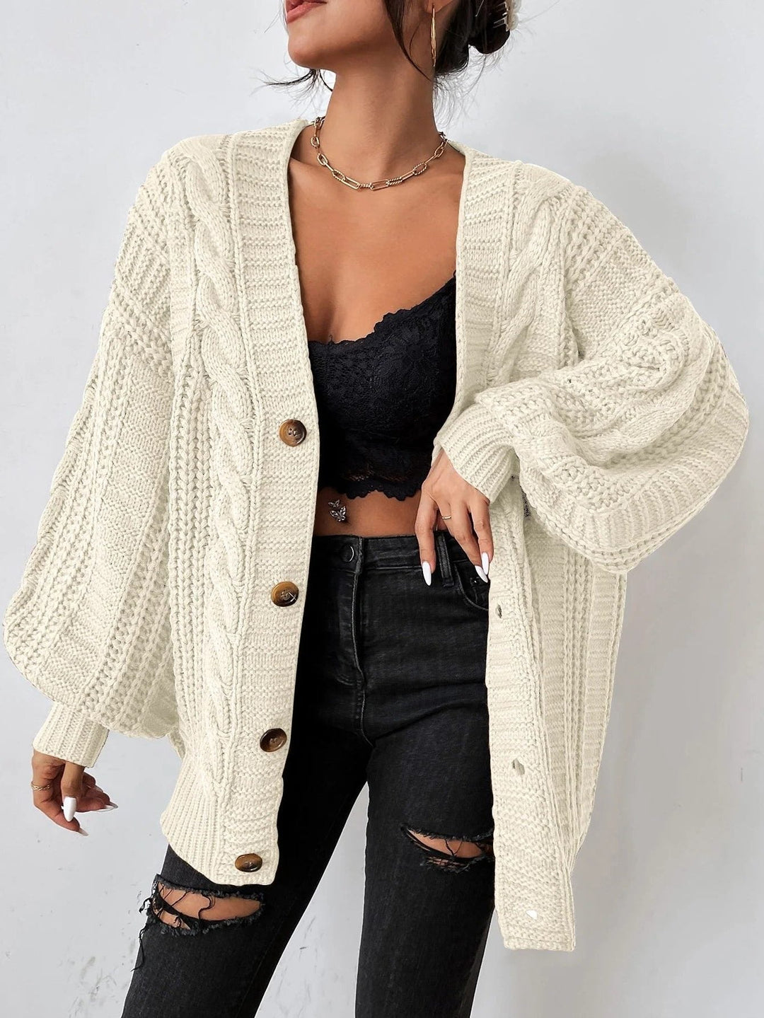 Zaina | Oversized-Zopfstrickjacke mit Knopfleiste für Damen