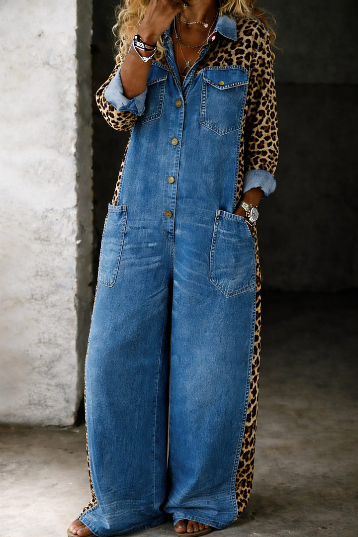 Zara | Jeans-Jumpsuit mit Leopardenärmeln und langen Ärmeln für Damen