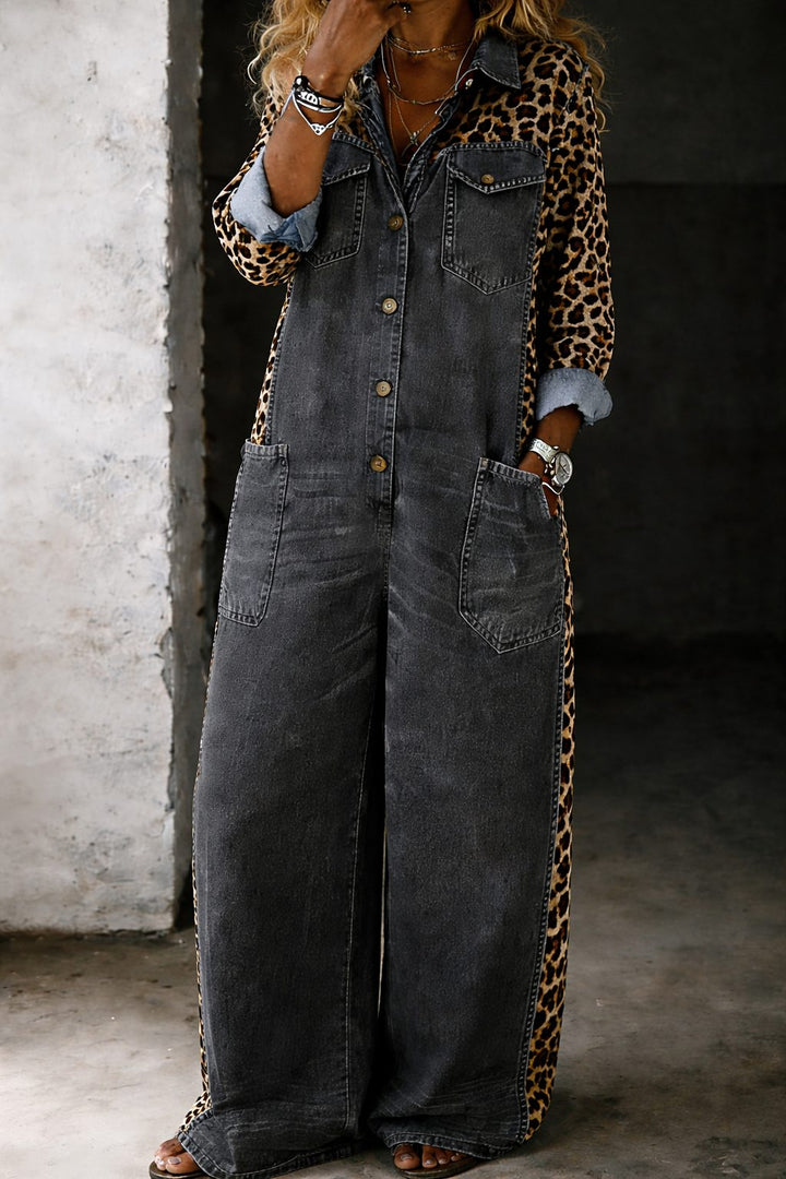 Zara | Jeans-Jumpsuit mit Leopardenärmeln und langen Ärmeln für Damen